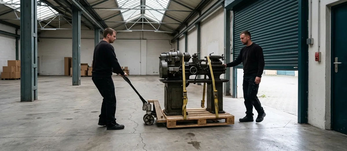 Zwei Umzugshelfer bewegen eine schwere Werkstattmaschine, mit Spanngurten auf einer Palette gesichert, mit dem Hubwagen durch eine Industriehalle mit Rolltor.