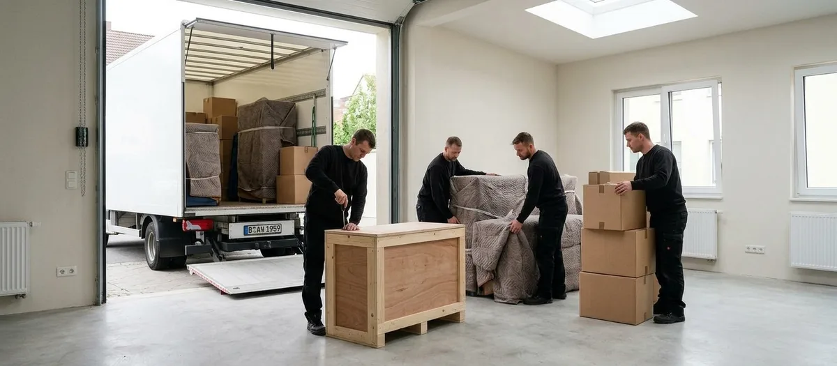 In einer hellen Lagerhalle schließt ein Umzugshelfer den Deckel einer großen Holzkiste, daneben stehen eine in Decken verpackte Polstergarnitur und gestapelte Kartons.