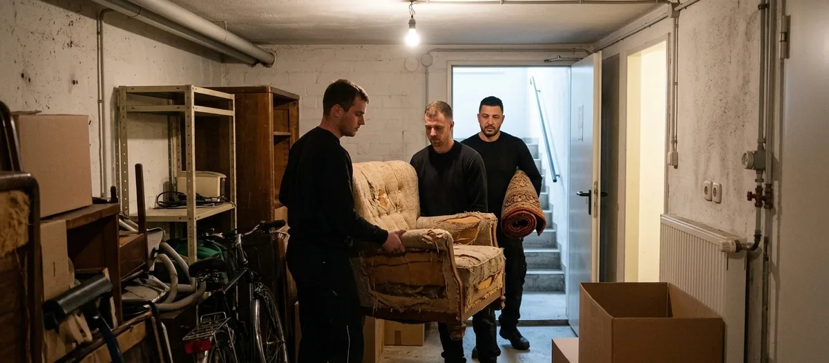 Drei Umzugshelfer tragen einen aufgerissenen alten Sessel und einen zusammengerollten Teppich durch einen vollgestellten Kellergang zur beleuchteten Treppe.