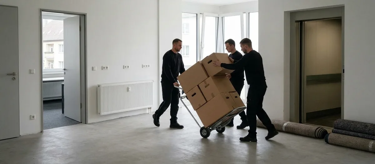 Drei Umzugshelfer schieben eine hoch beladene Sackkarre über den leeren Boden einer Bürofläche zum offenen Aufzug, an der Wand liegen aufgerollte Schutzmatten.