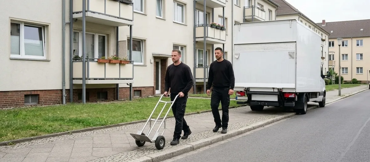 Zwei Umzugshelfer ziehen eine leere Sackkarre über den Gehweg vor einer viergeschossigen Wohnzeile mit Balkonen und Rasenstreifen, dahinter steht der Umzugswagen am Bordstein.