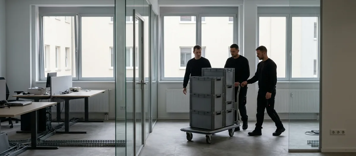 Drei Umzugshelfer schieben gestapelte graue Transportkisten auf einem Plattformwagen durch ein leergeräumtes Großraumbüro mit Glaswand und offenen Kabelkanälen im Boden.