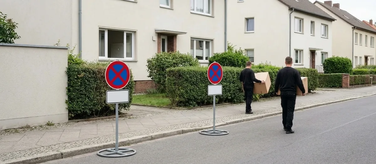 Zwei Halteverbotsschilder auf mobilen Fußplatten stehen am Bordstein einer Wohnstraße und halten die Ladefläche frei, dahinter tragen zwei Umzugshelfer Kartons zum Haus.