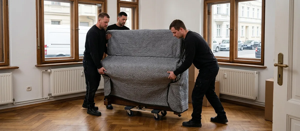 Drei Umzugshelfer schieben ein dick in Decken gehülltes Klavier auf einem flachen Rollwagen über das Parkett eines leeren Zimmers.