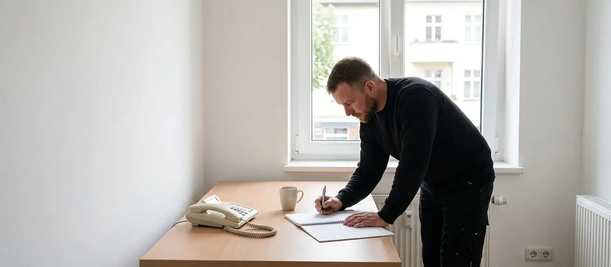 Ein Mitarbeiter in dunkler Arbeitskleidung notiert im Büro etwas auf einem Block, daneben stehen ein Telefon mit Schnur und eine Tasse auf der hellen Schreibtischplatte.