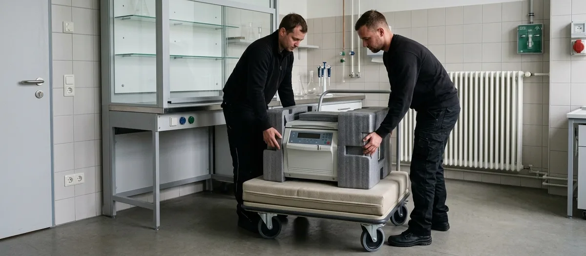 Zwei Umzugshelfer setzen eine in Schaumstoff gepackte Laborzentrifuge auf einen gepolsterten Rollwagen, dahinter stehen Edelstahlbank und Glasvitrine.