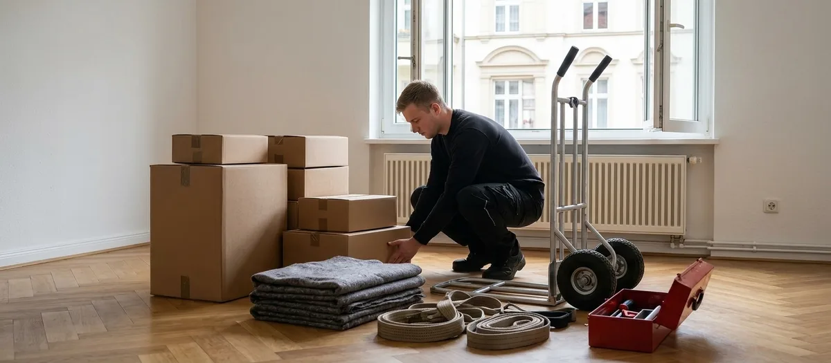 Ein Umzugshelfer kniet in einer leeren Wohnung vor seiner Ausrüstung: gestapelte braune Kartons, gefaltete Wolldecken, Spanngurte, eine Sackkarre und ein offener roter Werkzeugkasten.