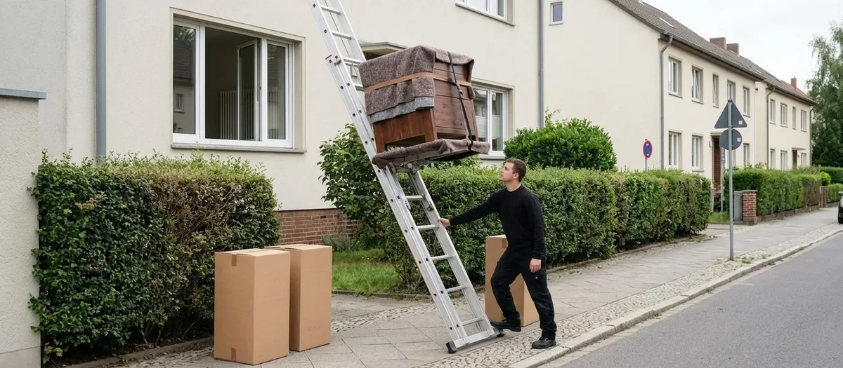 Ein Möbellift steht auf dem Gehweg und führt bis zum Fenster im Obergeschoss, auf der Plattform liegt eine in Decken gepackte Kommode, unten sichert ein Umzugshelfer die Leiter.