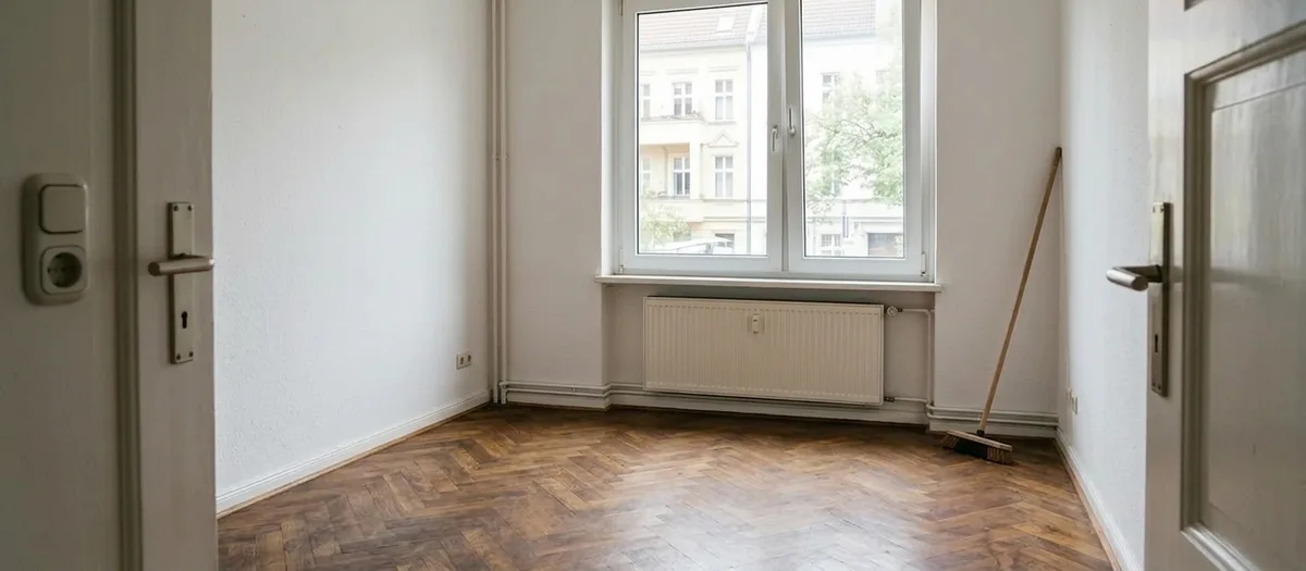 Dasselbe Zimmer nach der Übergabe: leergeräumt und gefegt, blankes Fischgrätparkett, weiße Wände, ein Besen lehnt neben der Heizung an der Wand.
