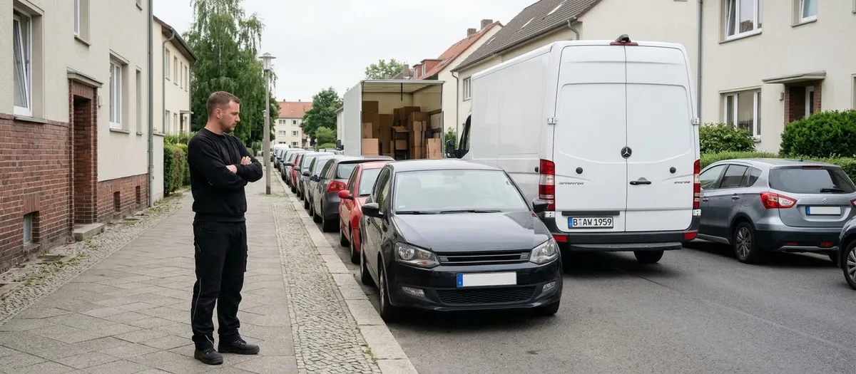 Ein Umzugshelfer steht mit verschränkten Armen am Gehweg und blickt auf eine lückenlos zugeparkte Wohnstraße, in der ein Transporter neben dem Umzugswagen wartet.