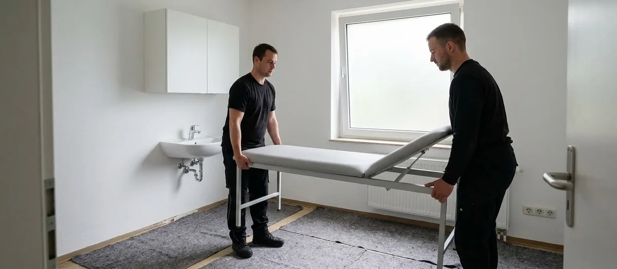 Zwei Umzugshelfer tragen eine gepolsterte Untersuchungsliege durch einen Behandlungsraum mit Waschbecken und Hängeschrank, der Boden ist mit Vlies ausgelegt.