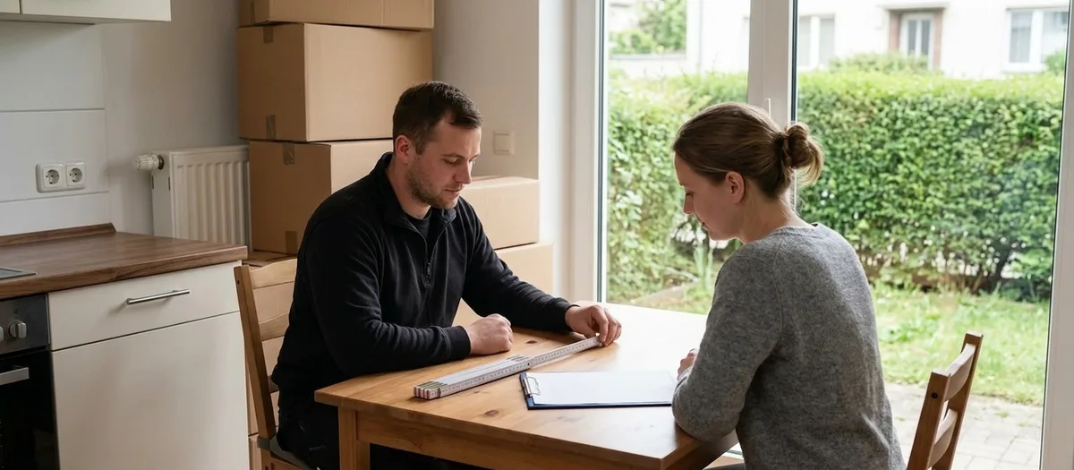 Ein Umzugshelfer und eine Kundin sitzen am Küchentisch, zwischen ihnen liegen ein Zollstock und ein Klemmbrett mit leerem Blatt, im Hintergrund stapeln sich gepackte Kartons.
