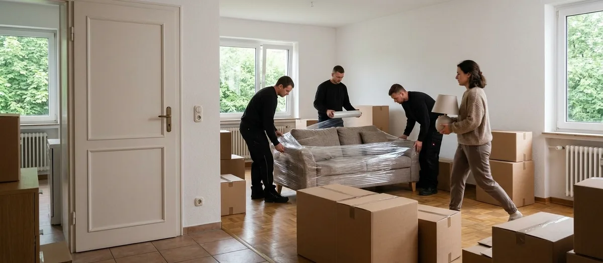 Drei Umzugshelfer wickeln ein Sofa mitten im Wohnzimmer in Stretchfolie, während eine Bewohnerin eine Stehlampe an ihnen vorbei zur Tür trägt.