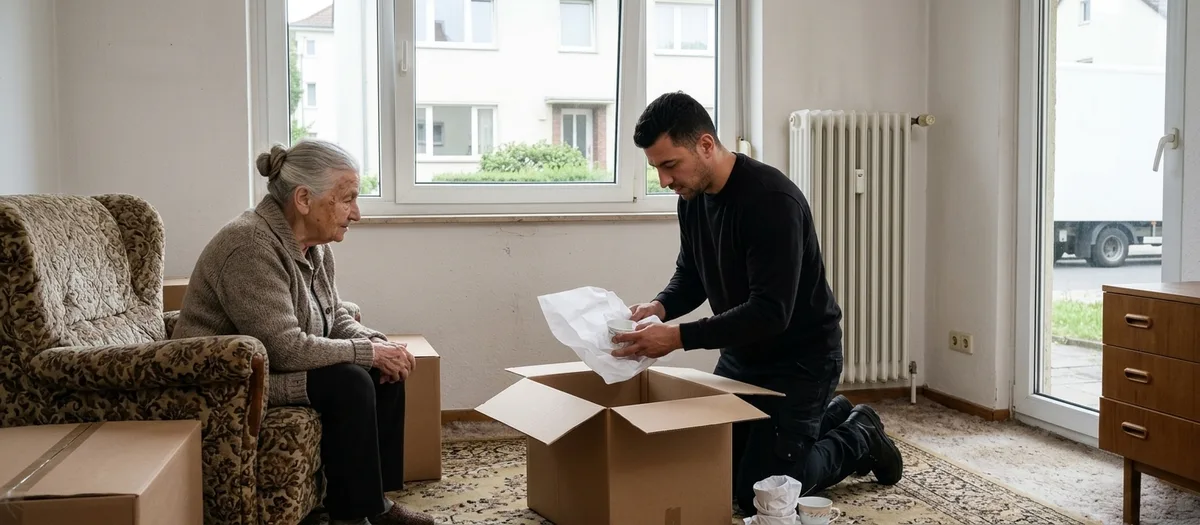Ein Umzugshelfer kniet vor einem offenen Karton und wickelt eine Tasse in Packpapier, daneben sitzt eine ältere Frau in ihrem gemusterten Sessel und sieht zu.
