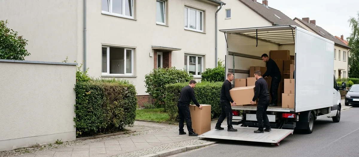 Vier Umzugshelfer in schwarzer Arbeitskleidung laden Kartons über die heruntergelassene Ladebordwand in einen weißen Koffer-Lkw, der am Bordstein vor einem hellen Wohnhaus mit Hecke steht.