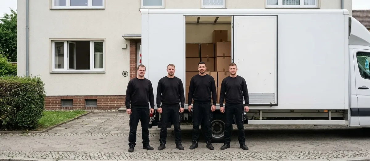Vier Umzugshelfer in schwarzer Arbeitskleidung stehen nebeneinander vor der offenen Seitenwand ihres mit Kartons beladenen weißen Koffer-Lkw.