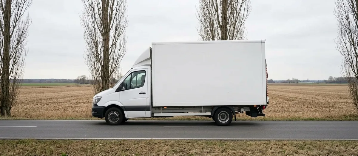 Weißer Koffer-Lkw von der Seite auf einer geraden Landstraße zwischen abgeernteten Feldern, am Straßenrand eine Reihe kahler Pappeln.