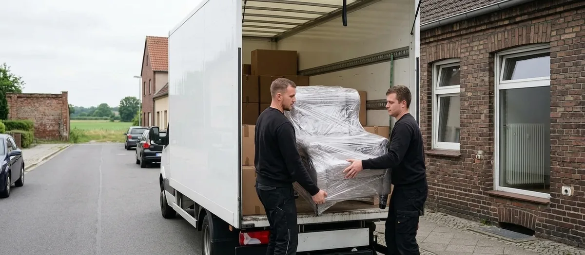 Zwei Umzugshelfer heben einen in Folie gewickelten Sessel in den seitlich geöffneten Umzugswagen, hinter den letzten Häusern beginnt freies Feld.