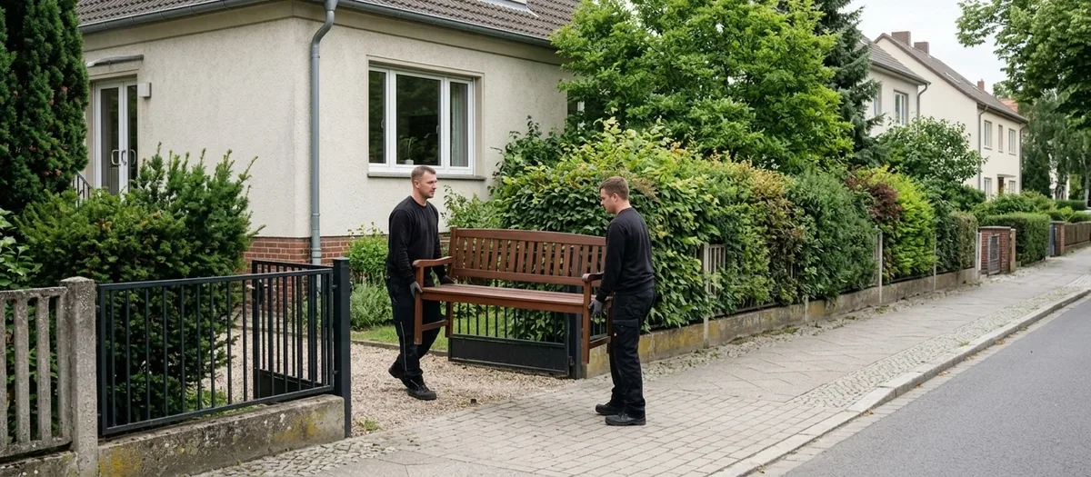 Zwei Umzugshelfer tragen eine schwere Holzbank durch das offene Tor eines Einfamilienhauses mit hoher Hecke, dahinter zieht sich eine ruhige Wohnstraße entlang.