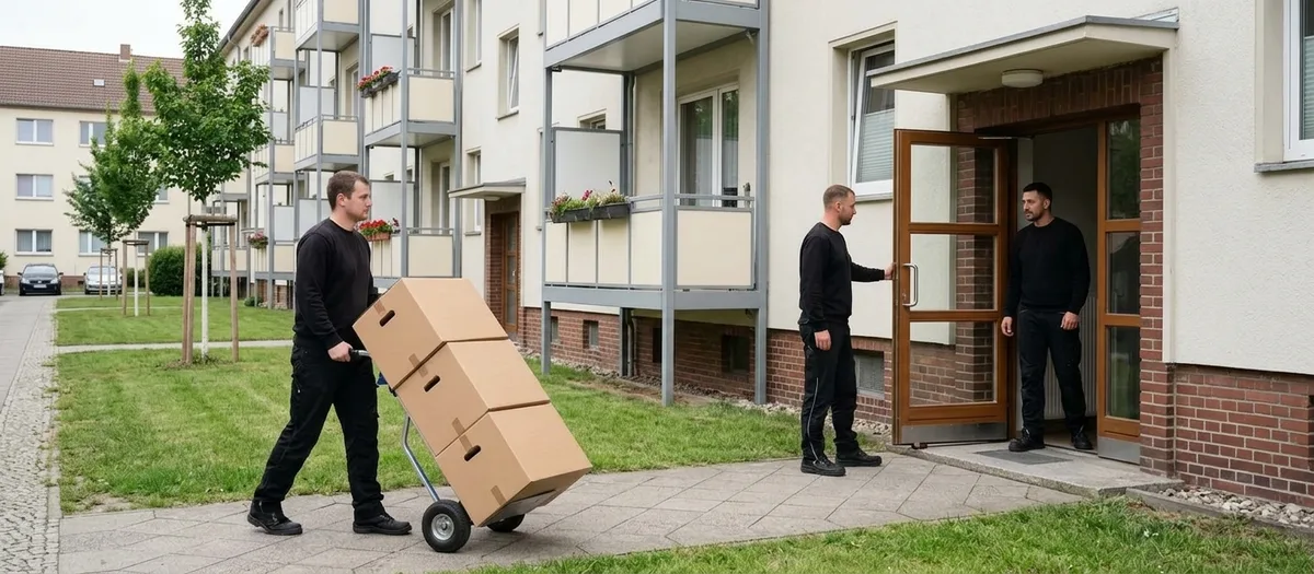 Ein Umzugshelfer schiebt drei gestapelte Kartons auf der Sackkarre über den Plattenweg einer viergeschossigen Wohnzeile mit Balkonen, ein Kollege hält die Haustür auf.