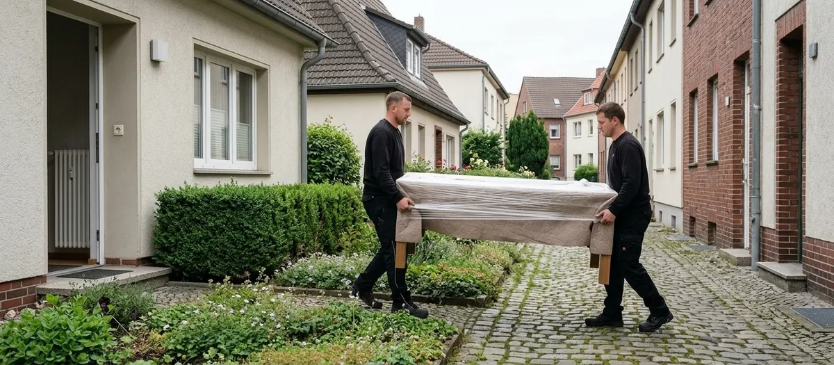 Zwei Umzugshelfer tragen einen eingewickelten Tisch über einen schmalen Pflasterweg zwischen Einfamilienhäusern mit Hecken, Staudenbeeten und offener Haustür.