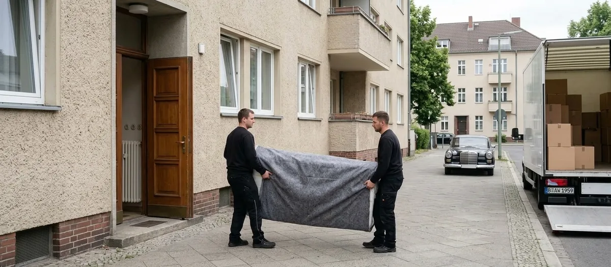 Zwei Umzugshelfer tragen eine in eine graue Hülle gepackte Matratze aus dem Hauseingang eines Wohnhauses auf den gepflasterten Gehweg, rechts steht der Umzugswagen mit offener Ladefläche.