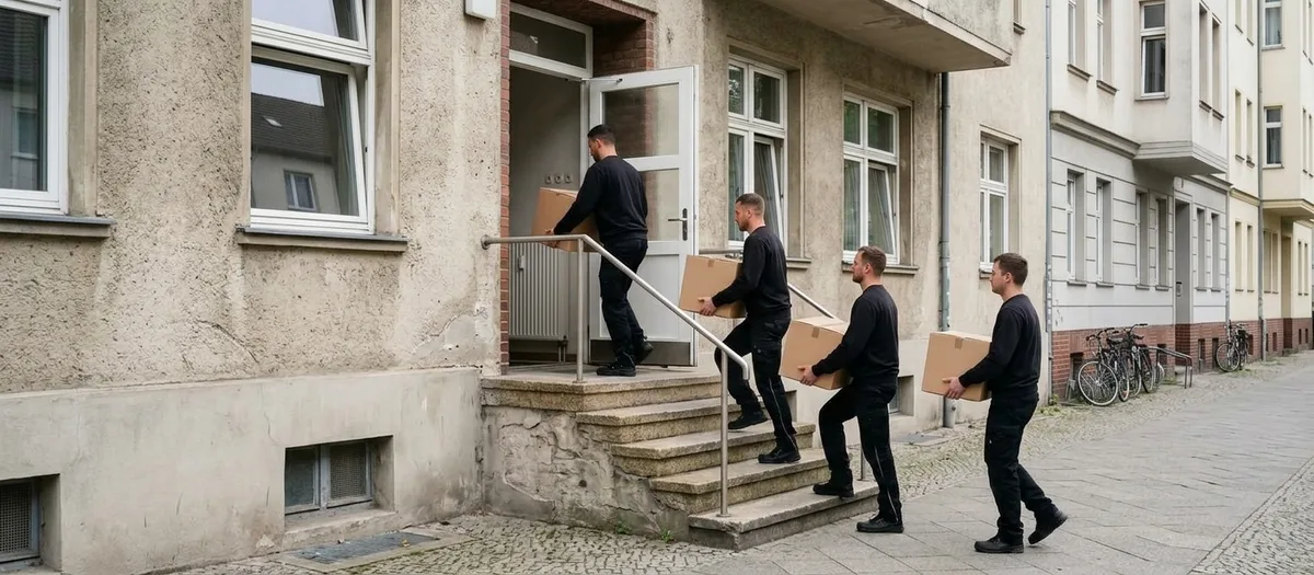 Vier Umzugshelfer tragen einzeln Kartons die Eingangstreppe eines Altbaus hinauf, ein Fahrzeug ist nicht im Bild.