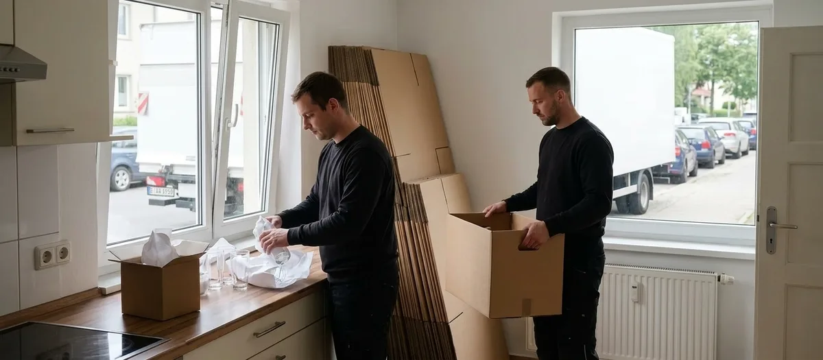 Zwei Umzugshelfer packen in einer Küche: Einer wickelt Gläser in Papier, der andere hält einen Karton auf, dahinter lehnen flach gefaltete Kartons an der Wand.