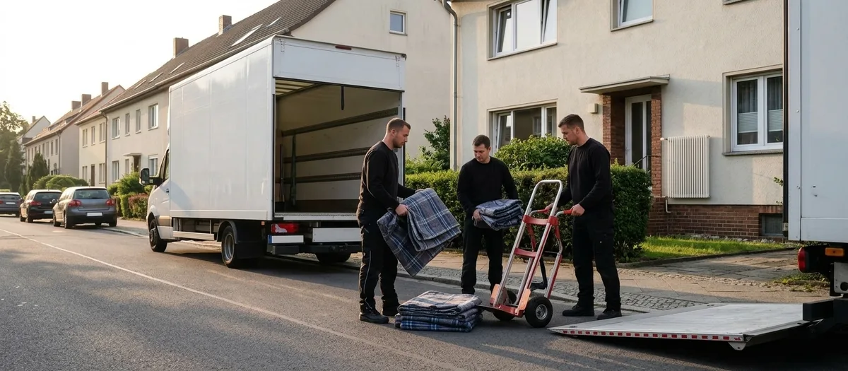Früher Morgen auf der Straße: Drei Umzugshelfer nehmen Wolldecken und eine Sackkarre aus dem geöffneten Umzugswagen, die Sonne steht flach über den Häusern.