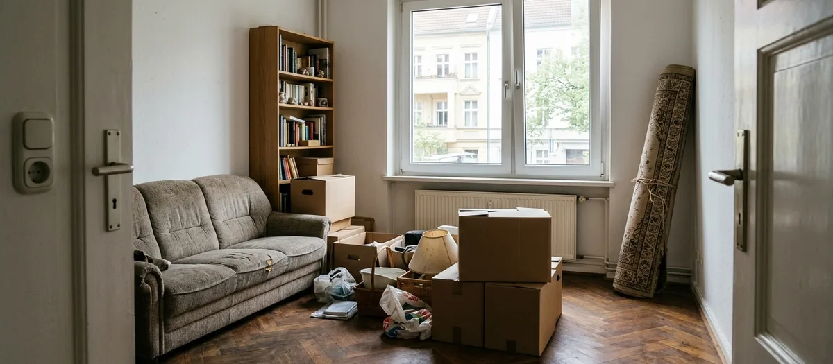 Wohnzimmer vor dem Umzug: ein abgenutztes Sofa, ein volles Bücherregal, ein aufgerollter Teppich in der Ecke und lose Sachen zwischen halb gepackten Kartons auf dem Parkett.
